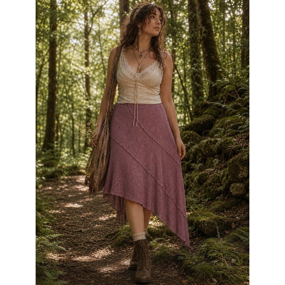 Women’s XL Mauve Lace Layered Asymmetrical Hem Midi Skirt Fairycore Cottage Boho